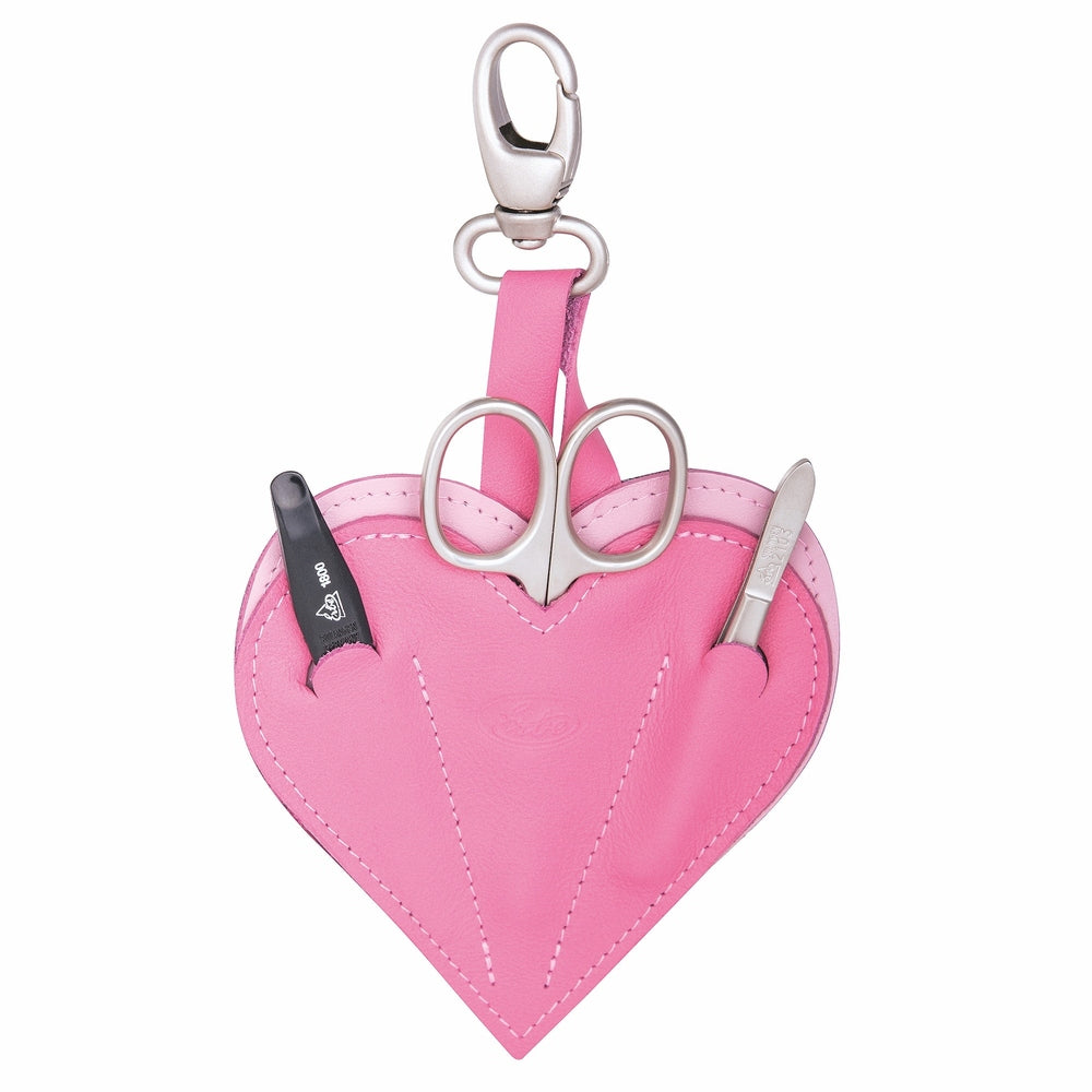 Etui do manicure w kształcie serca Erbe skórzane różowe z karabińczykiem