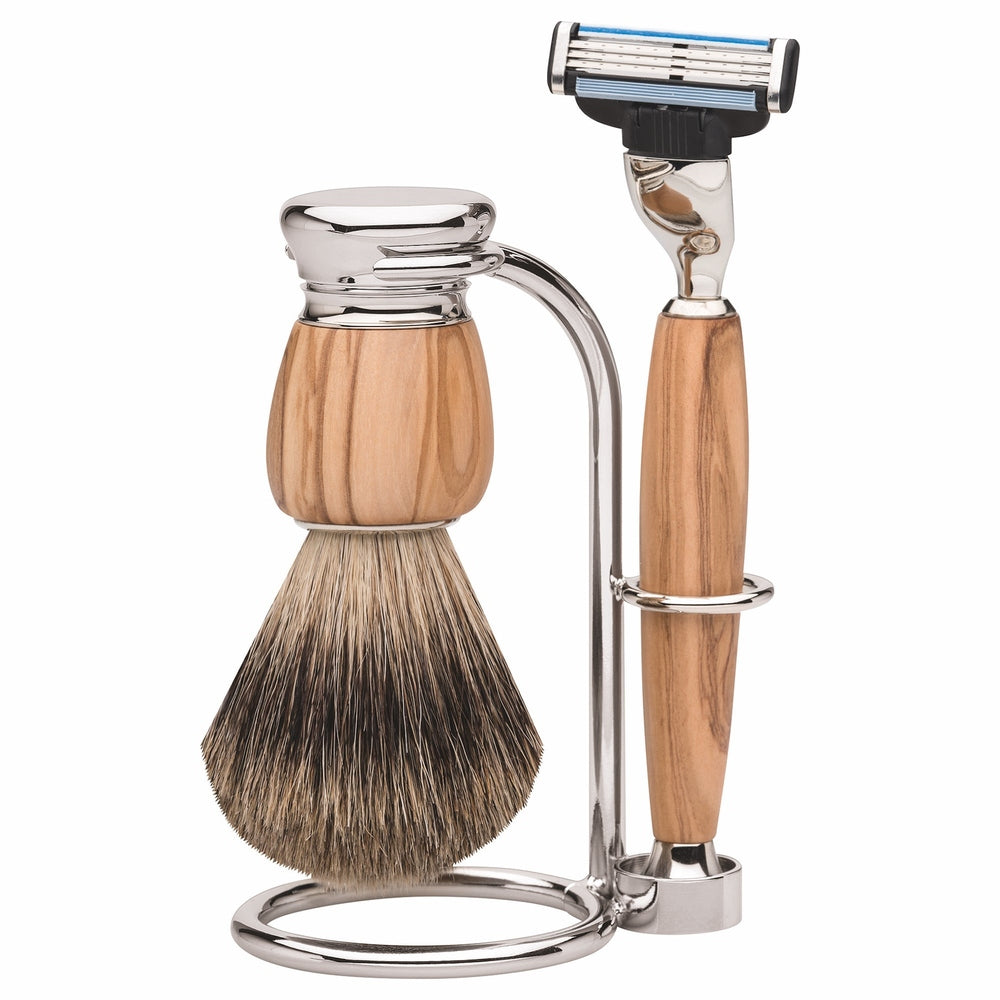 Set de rasage Erbe Milano Gillette Mach3 bois d'olivier 3 pièces – Bois d'olivier et métal affiné, poil de blaireau