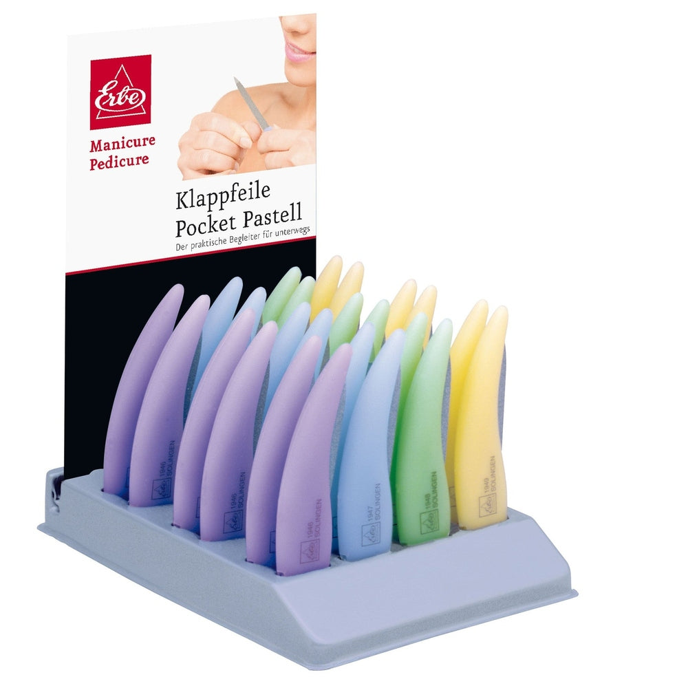 Expositor de mostrador Erbe limas plegables Pocket pastel – Colores pastel, mecanismo plegable