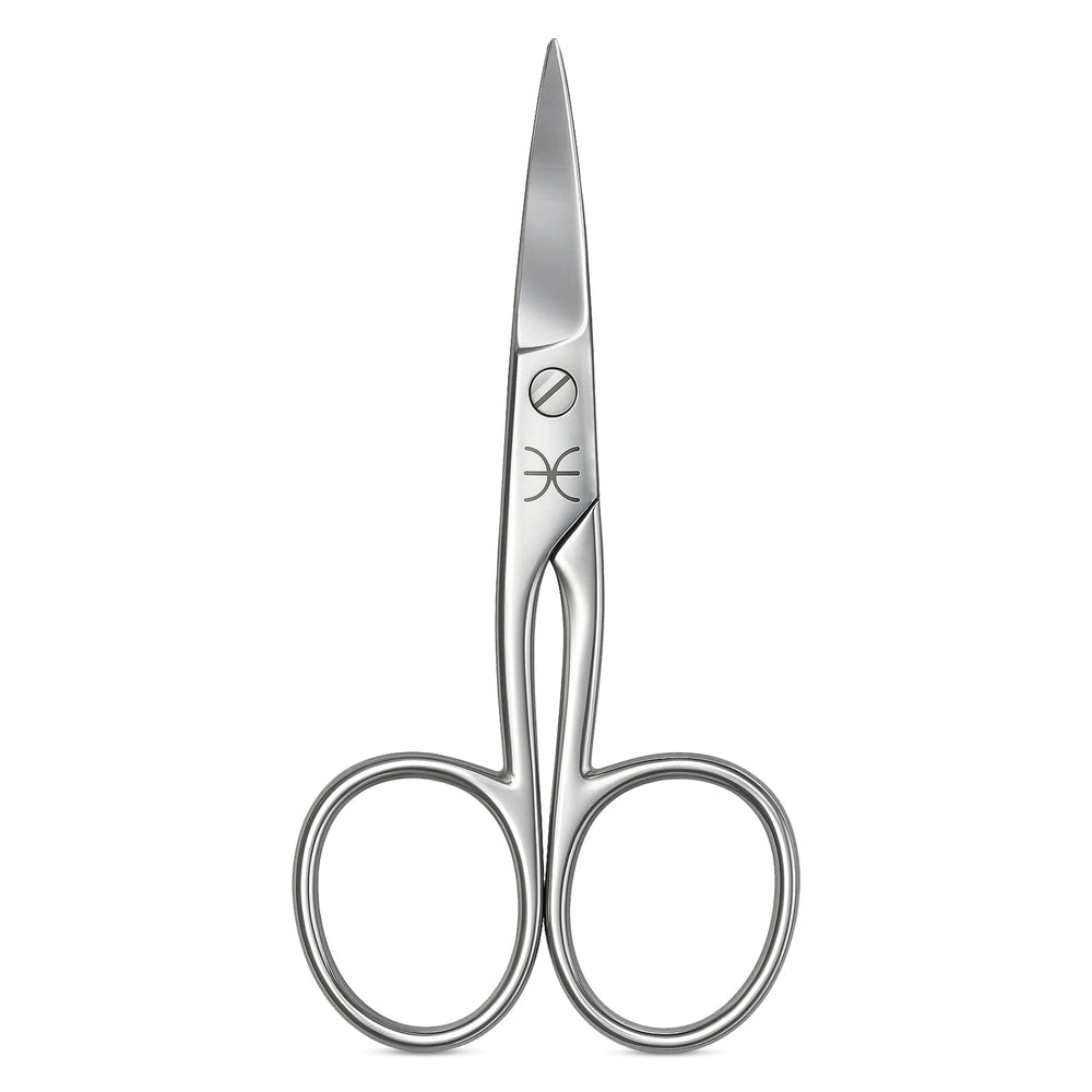 Left-handed nail scissors with mirrored, curved blade