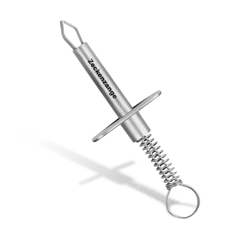 Tick remover with retaining clip made of stainless steel for removing ticks