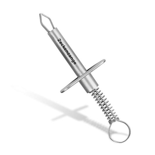 Tick remover with retaining clip made of stainless steel for removing ticks