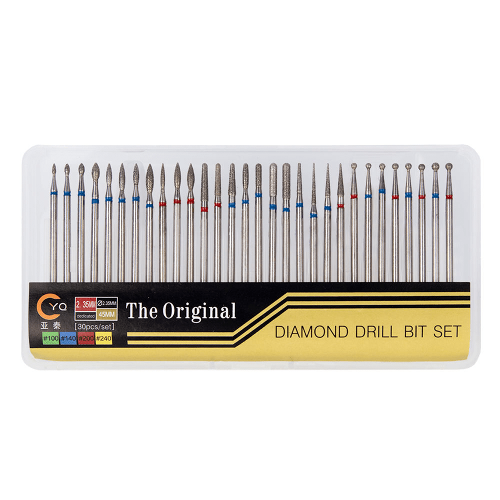Diamond nail drill set with thirty attachments in a plastic box for manicure and pedicure