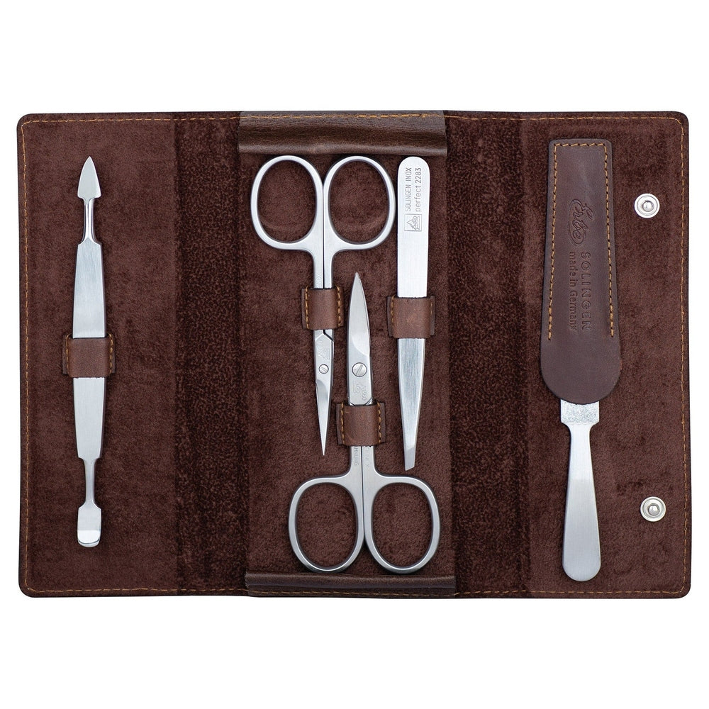 Trousse de manucure à bouton-pression ERBE série Antik en marron, 5 pièces, avec surpiqûres contrastées claires