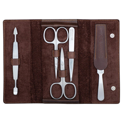 Trousse de manucure à bouton-pression ERBE série Antik en marron, 5 pièces, avec surpiqûres contrastées claires