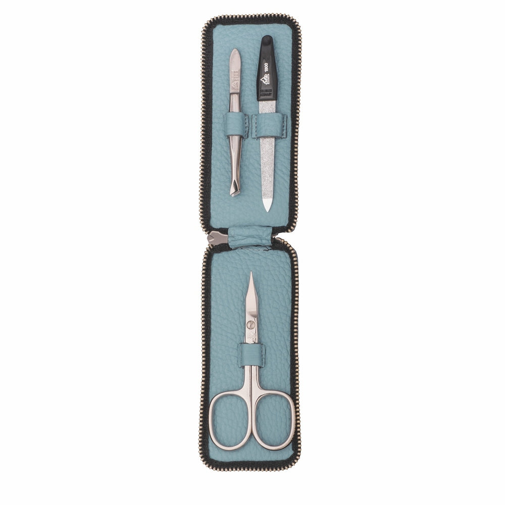 Erbe zaketui model Longo in blauw leer, 3-delige manicureset uit Solingen