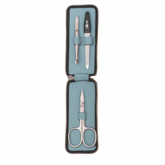 Estuche de bolsillo Erbe modelo Longo de cuero azul, set de manicura de 3 piezas de Solingen