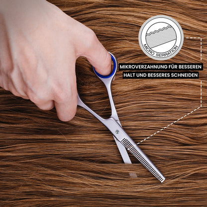 Forbici sfoltitrici per sfoltire finemente i capelli, impugnature in gomma blu – vista 7