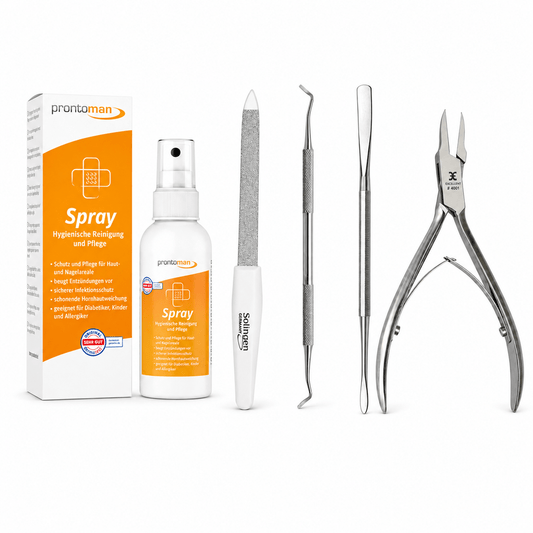 Profi-Set für eingewachsene Nägel mit Eckenzange, Doppelinstrument, Feile und Nagelheber