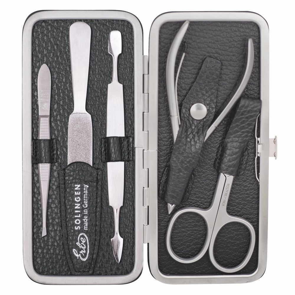Erbe manicure-beugeletui inox zwart met huidtang en nagelschaar