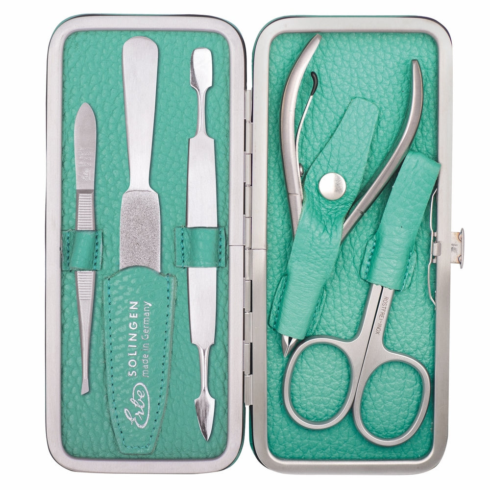 Erbe manicure clasp case inox light green with cuticle nippers and nail scissors