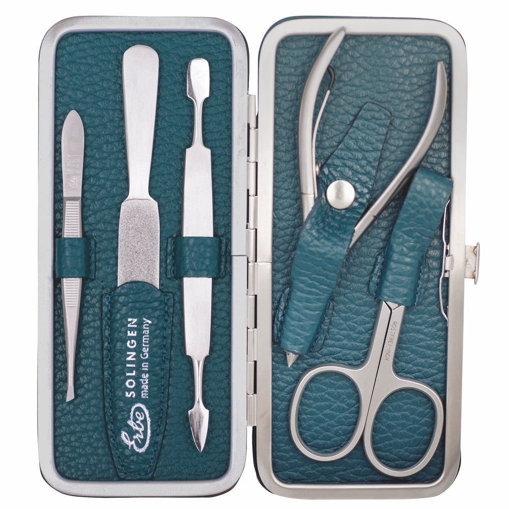 Erbe manicure-beugeletui inox petrol met huidtang en nagelschaar