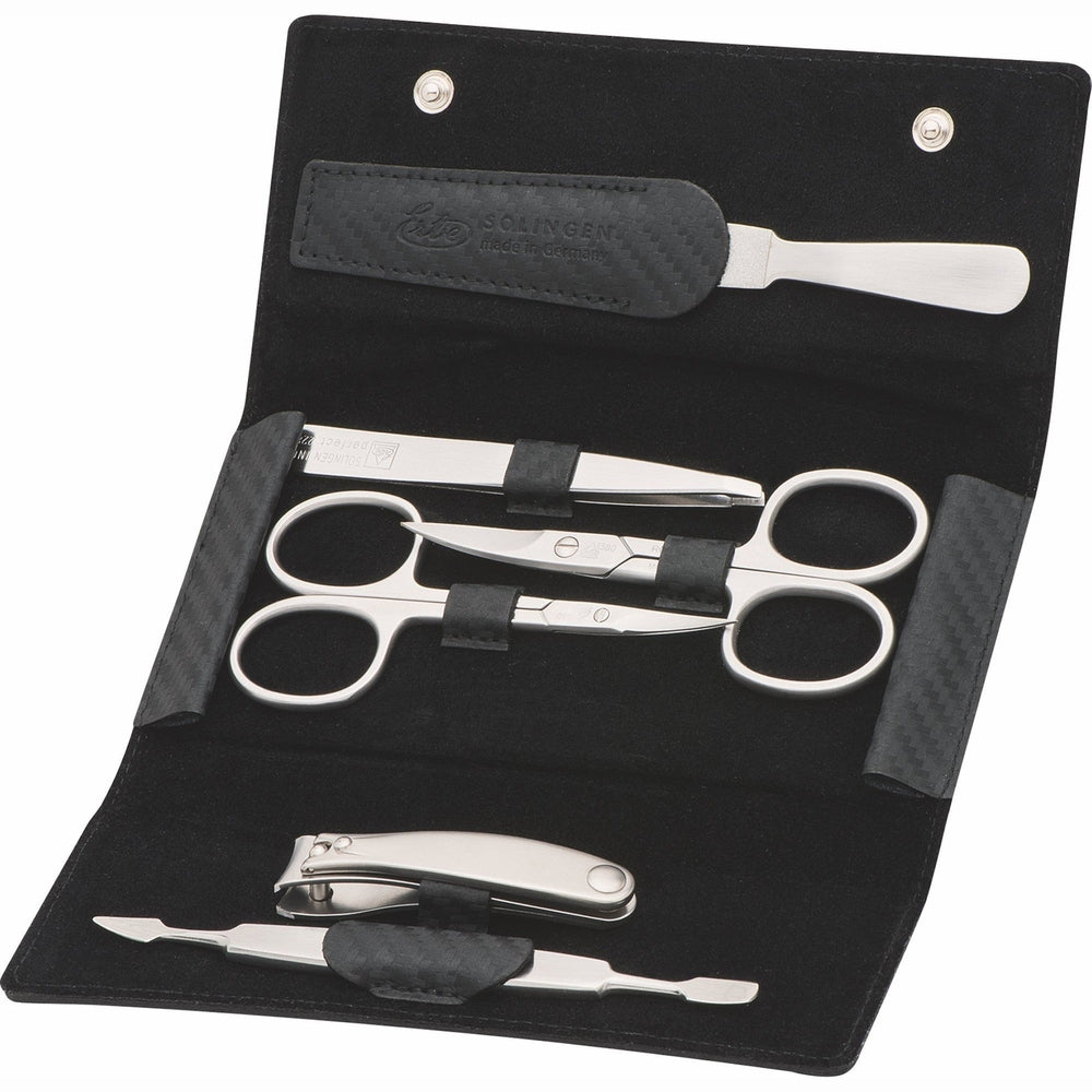 Erbe Maniküre Druckknopfetui Carbon inox 6-teilig – Farbe Schwarz, Silber