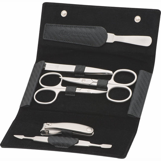 Erbe Manicure Drukknopetui Carbon inox 6-delig – Kleur zwart, zilver