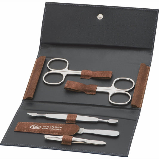 Astuccio manicure Erbe con bottone automatico inox 5 pezzi cognac – Colore marrone