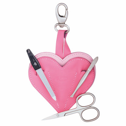 Etui do manicure w kształcie serca Erbe skórzane różowe z karabińczykiem