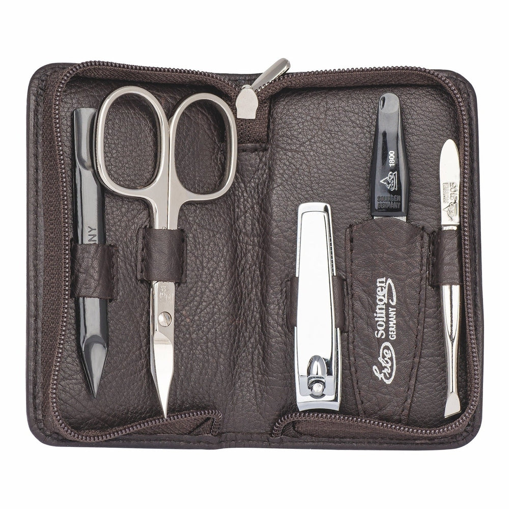 Erbe manicure-etui SIENA bruin 5-delig – Geopend nappaleren etui met vijf instrumenten