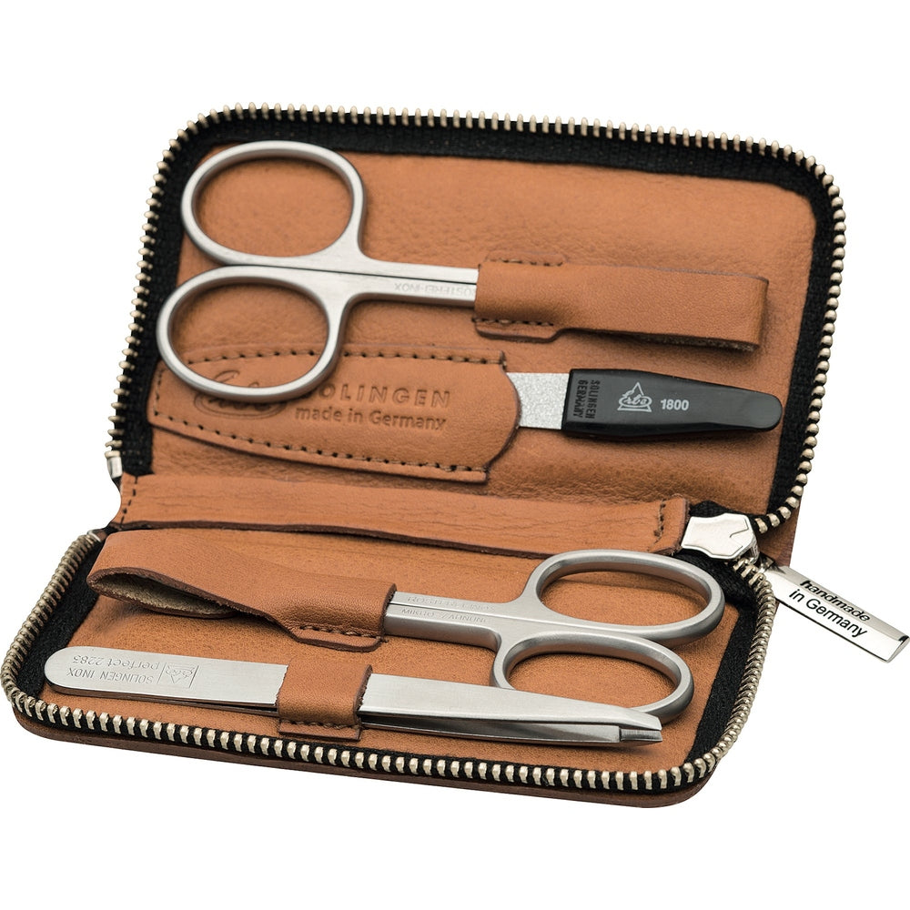 Etui do manicure na zamek Erbe Cognac inox 4-częściowe – Kolor brązowy, srebrny