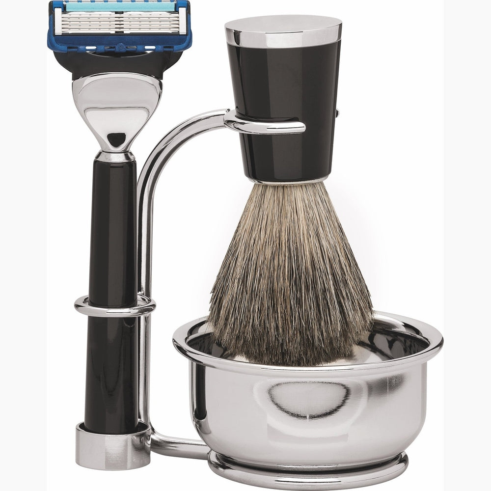 Set de rasage Erbe New York Gillette Fusion noir 4 pièces – Poil de blaireau, résine noble noire