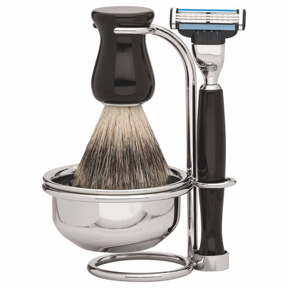 Set de rasage Erbe Barcelona résine noble Mach3 avec porte-savon – Poil de blaireau, résine noble noire