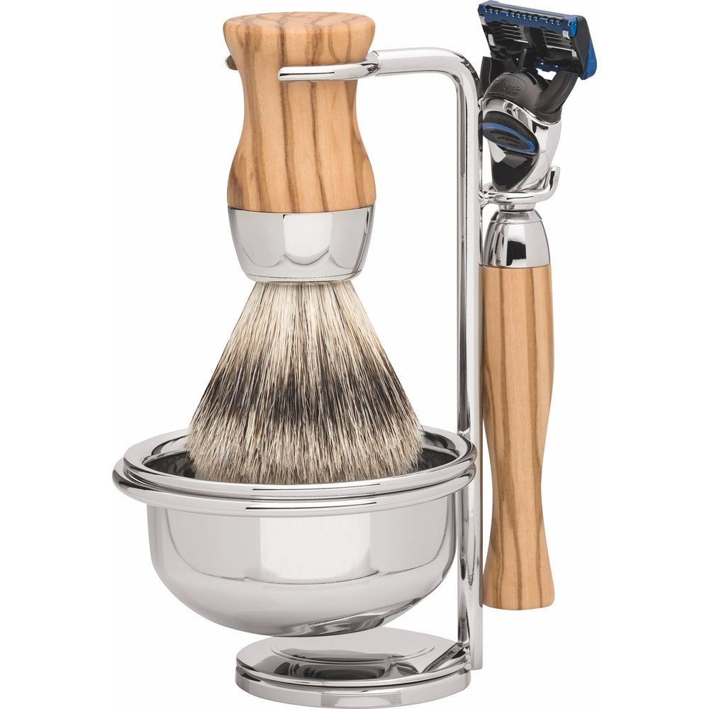 Set de rasage Erbe Vienna Gillette Fusion bois d'olivier 4 pièces – Poil de blaireau silvertip, bois d'olivier