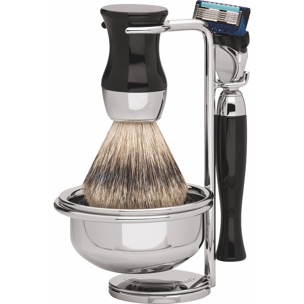 Set da barba Erbe Vienna Gillette Fusion nero 4 pezzi – Pelo di tasso silvertip, resina pregiata nera