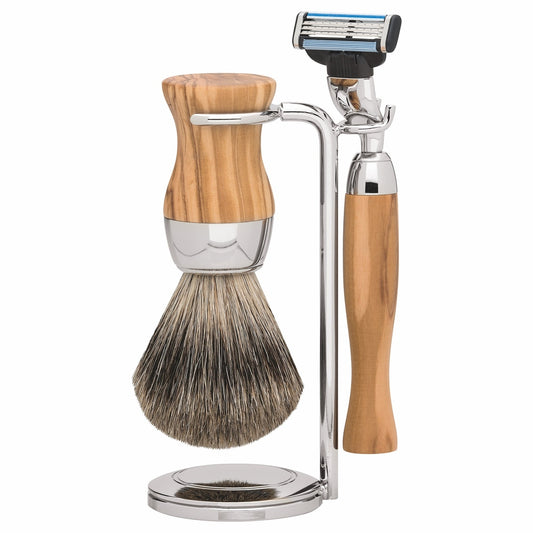 Erbe Vienna Rasierset Gillette Mach3 Olivenholz 3-teilig – Dachshaar, Olivenholz