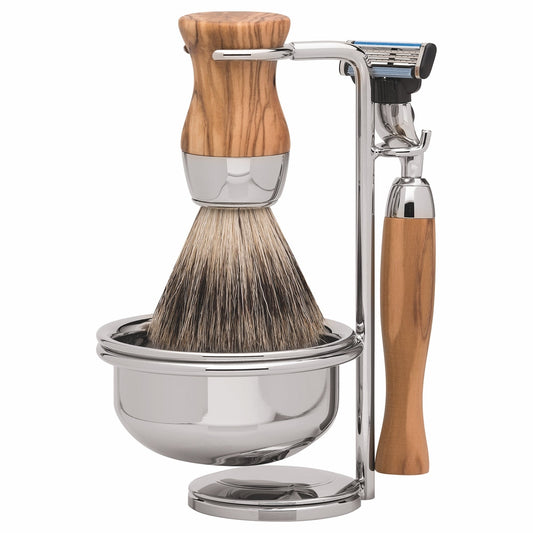Erbe Vienna Rasierset Gillette Mach3 Olivenholz 4-teilig – Dachshaar, Olivenholz