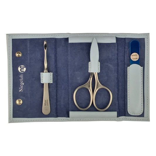 Niegeloh baby-manicure-etui in blauw met drie instrumenten van roestvrij staal