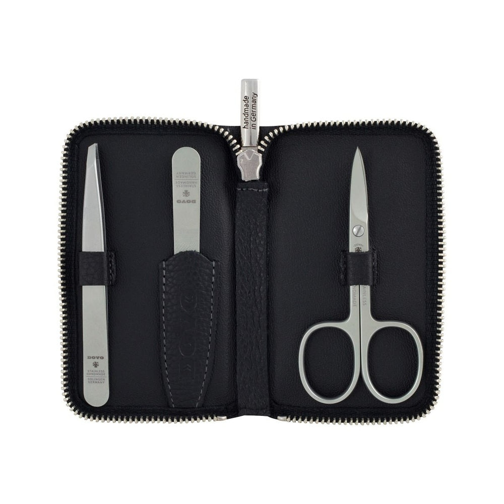 Astuccio per la cura DOVO n. 3 con strumenti in acciaio inox satinato in astuccio di pelle bovina
