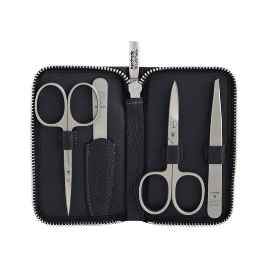 Estuche de cuidado Dovo n.º 5 de piel de vacuno negra con cuatro instrumentos de acero inoxidable satinado