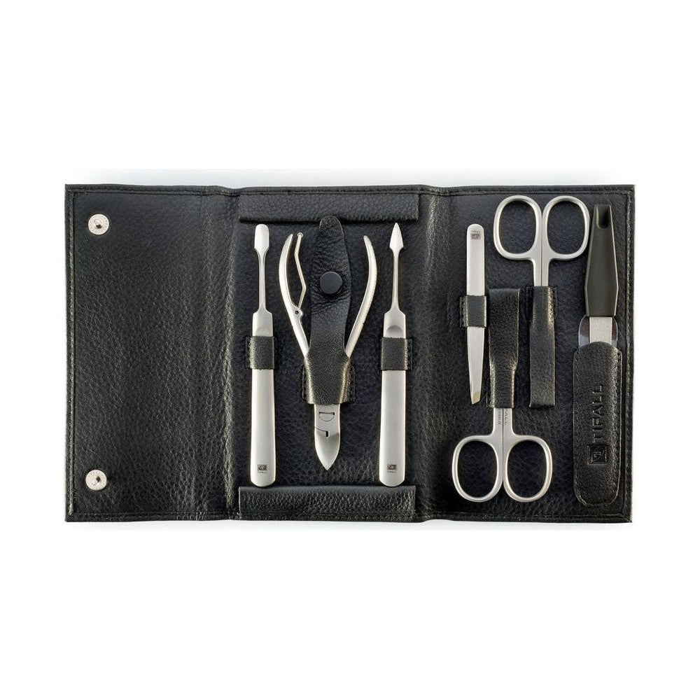 Set de soin des ongles Tifall 7 pièces dans un étui en cuir noir avec instruments en acier inoxydable