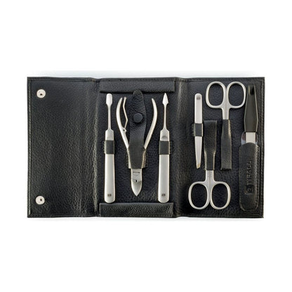 Set de soin des ongles Tifall 7 pièces dans un étui en cuir noir avec instruments en acier inoxydable