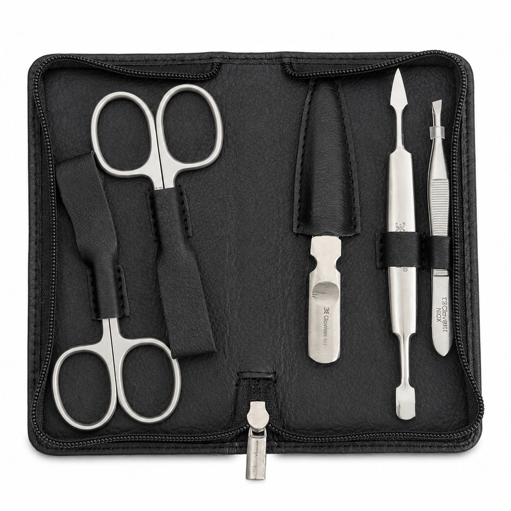 Astuccio manicure 4 pezzi pelle bovina nero liscio
