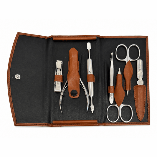 Manicure-etui 5-delig rundleer bruin - gepolijst
