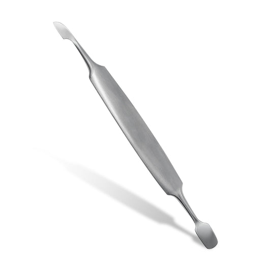 Double-ended 2-in-1 tool made of stainless steel with cuticle knife and cuticle pusher