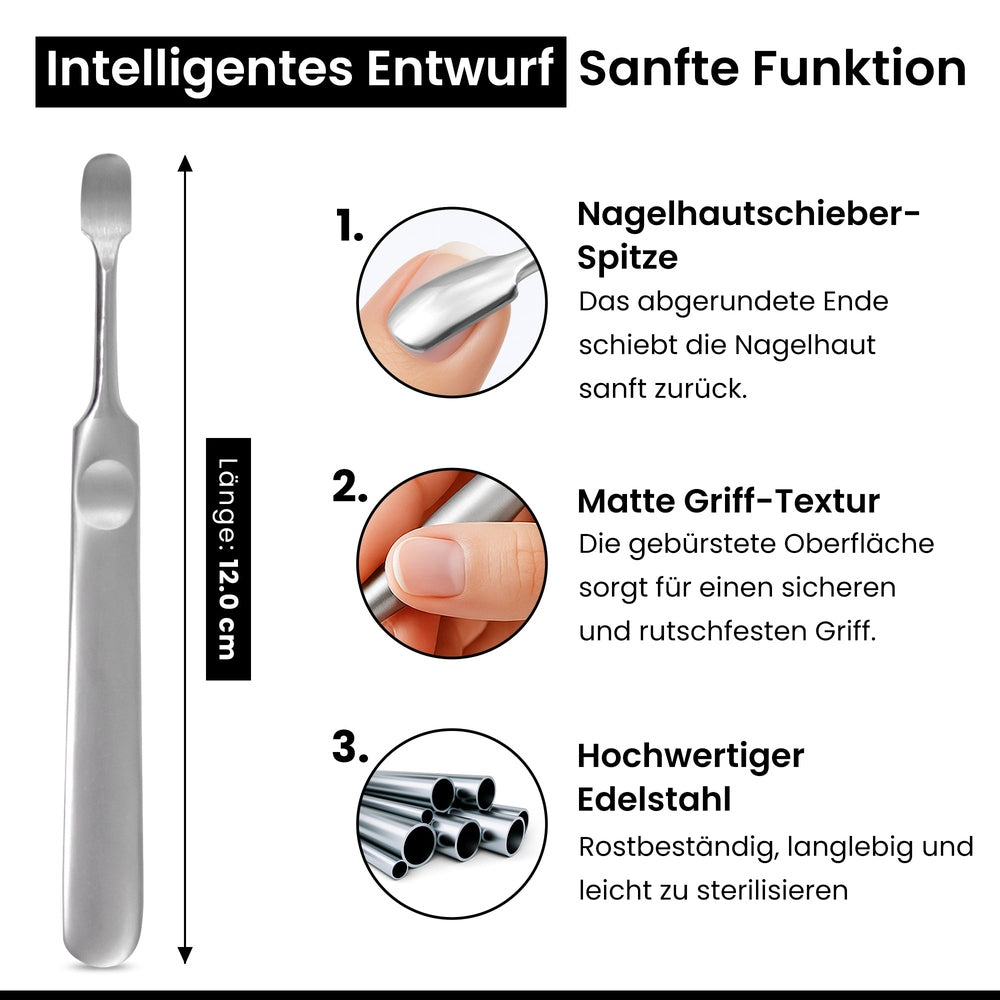 Empujador de cutículas inox punta redondeada – forma de mango ergonómica