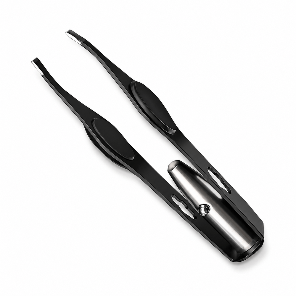 Tweezers with LED light and slanted gripping edge from Excellent, including faux leather case