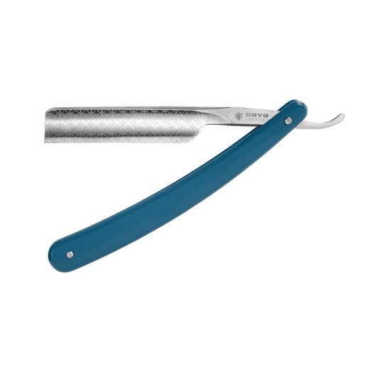 Dovo Runde Sache straight razor in blue with 5/8-inch silver steel blade engraved on both sides