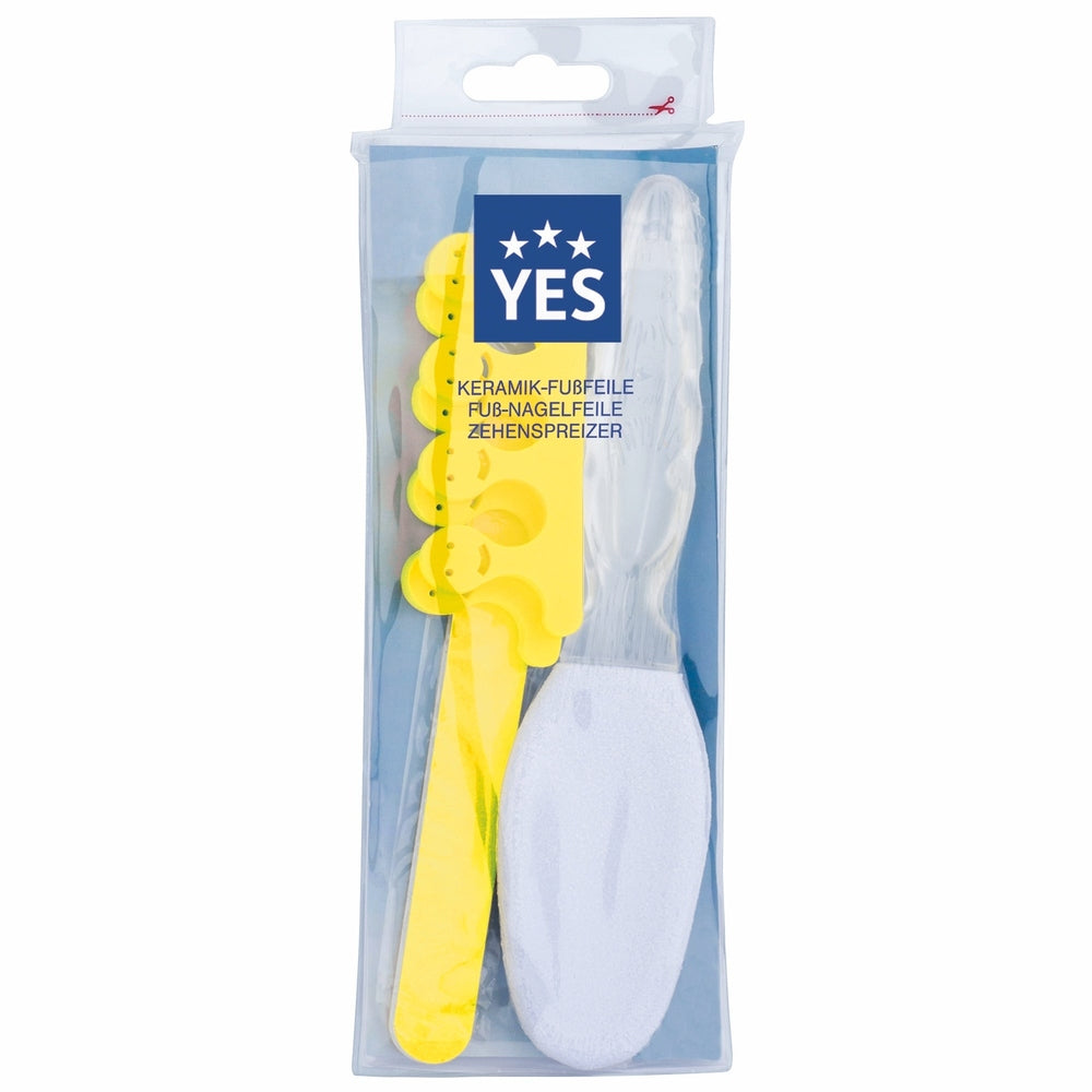 YES Solingen foot care set pedi-care yellow with ceramic foot file – Ceramic foot file, nail file, toe separator