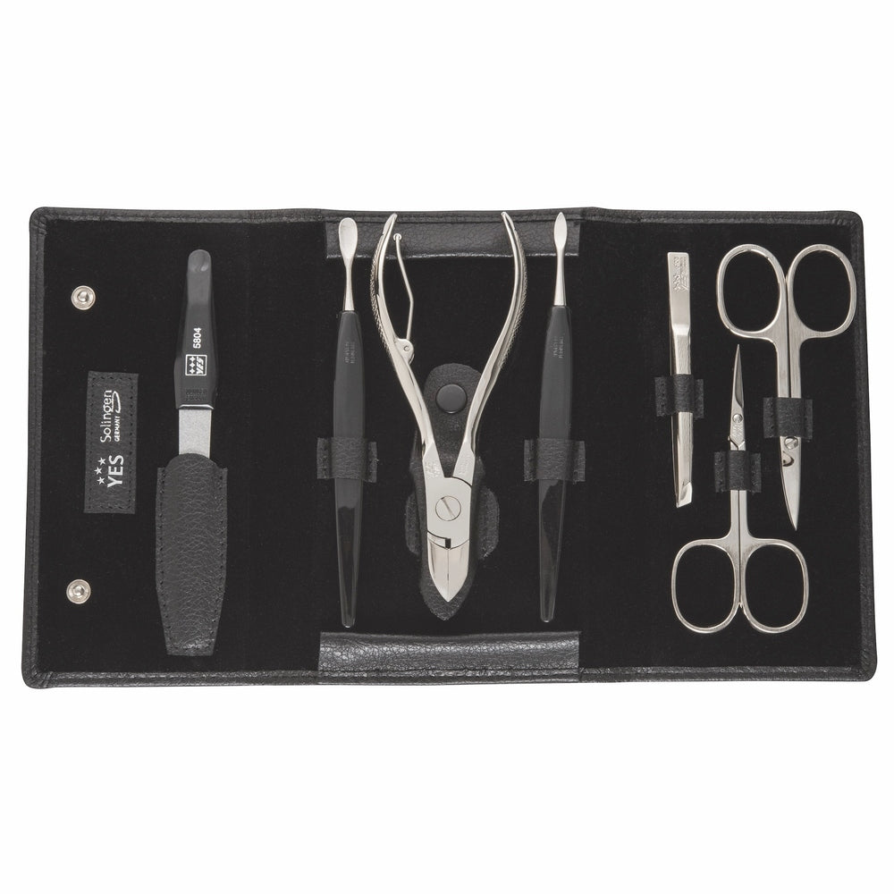 YES Solingen manicure press-stud case black 7-piece – Nickel-plated steel (instruments), leather (case)