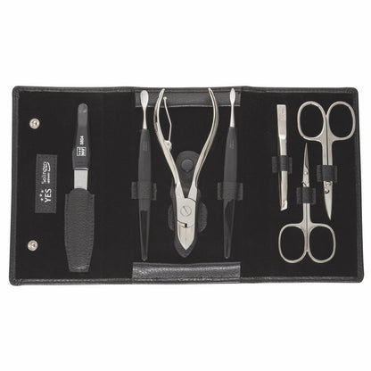 YES Solingen manicure press-stud case black 7-piece – Nickel-plated steel (instruments), leather (case)