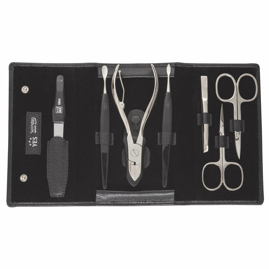 Astuccio manicure con bottone automatico YES Solingen nero 7 pezzi – Acciaio nichelato (strumenti), pelle (astuccio)