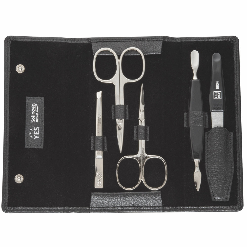 YES Solingen manicure press-stud case black 5-piece – Nickel-plated steel (instruments), leather (case)