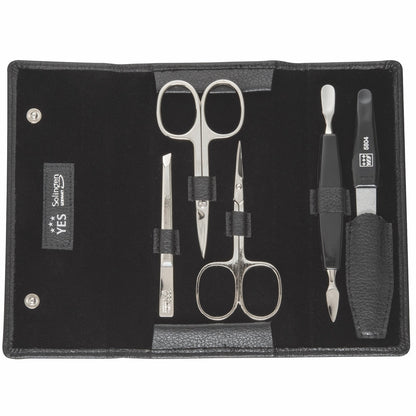 YES Solingen manicure press-stud case black 5-piece – Nickel-plated steel (instruments), leather (case)