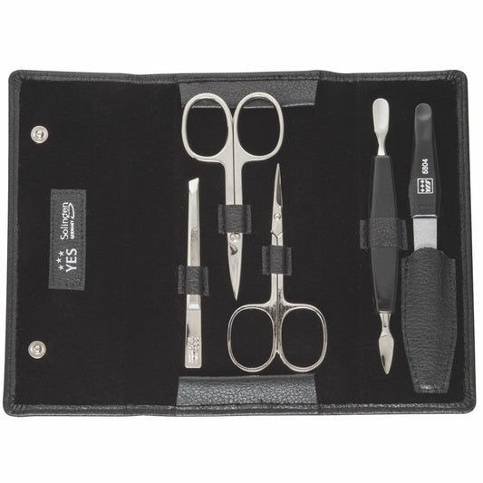 YES Solingen manicure-drukknopetui zwart 5-delig – Vernikkeld staal (instrumenten), leer (etui)