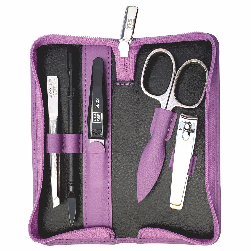 YES Solingen manicure zip case lavender 5-piece – Steel (instruments), leather (case)