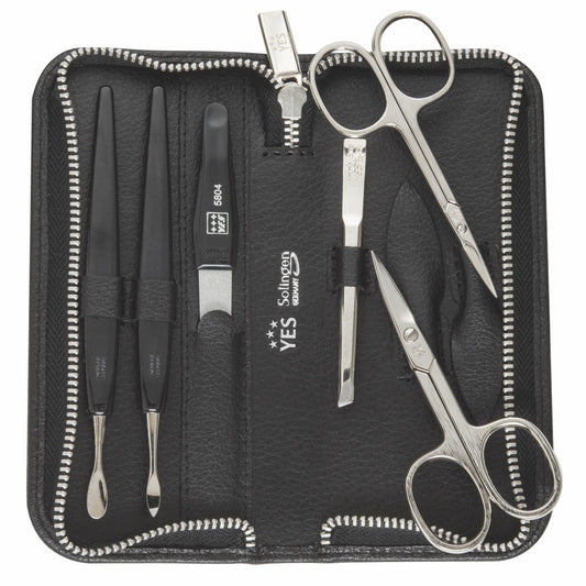 YES Solingen Manicure Reißverschluss-Etui Schwarz 6-teilig – vernickelter Stahl (Instrumente), Leder (Etui)
