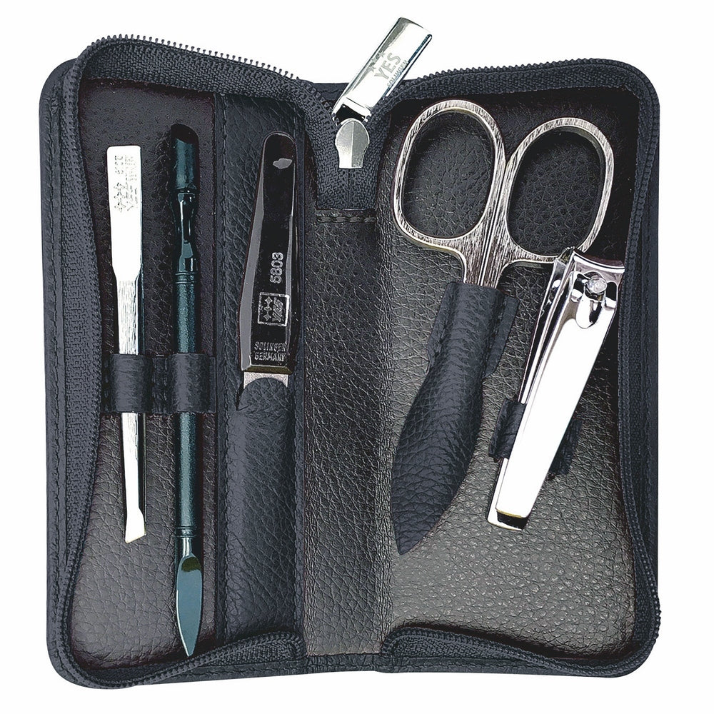 YES Solingen manicure zip case black 5-piece – Steel (instruments), leather (case)