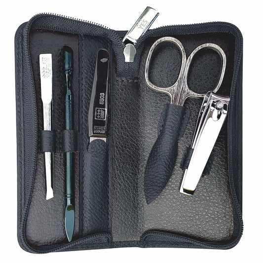 YES Solingen manicure zip case black 5-piece – Steel (instruments), leather (case)